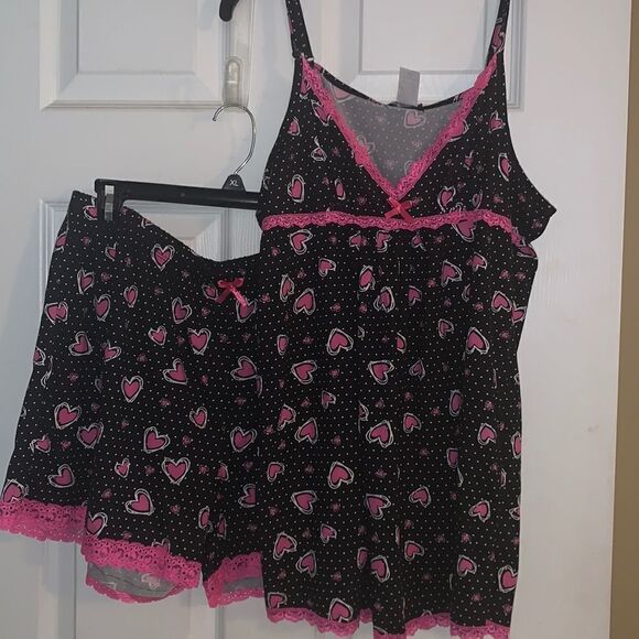 Two Piece Lace Trim Heart printed PJ short set - Picture 1 of 8